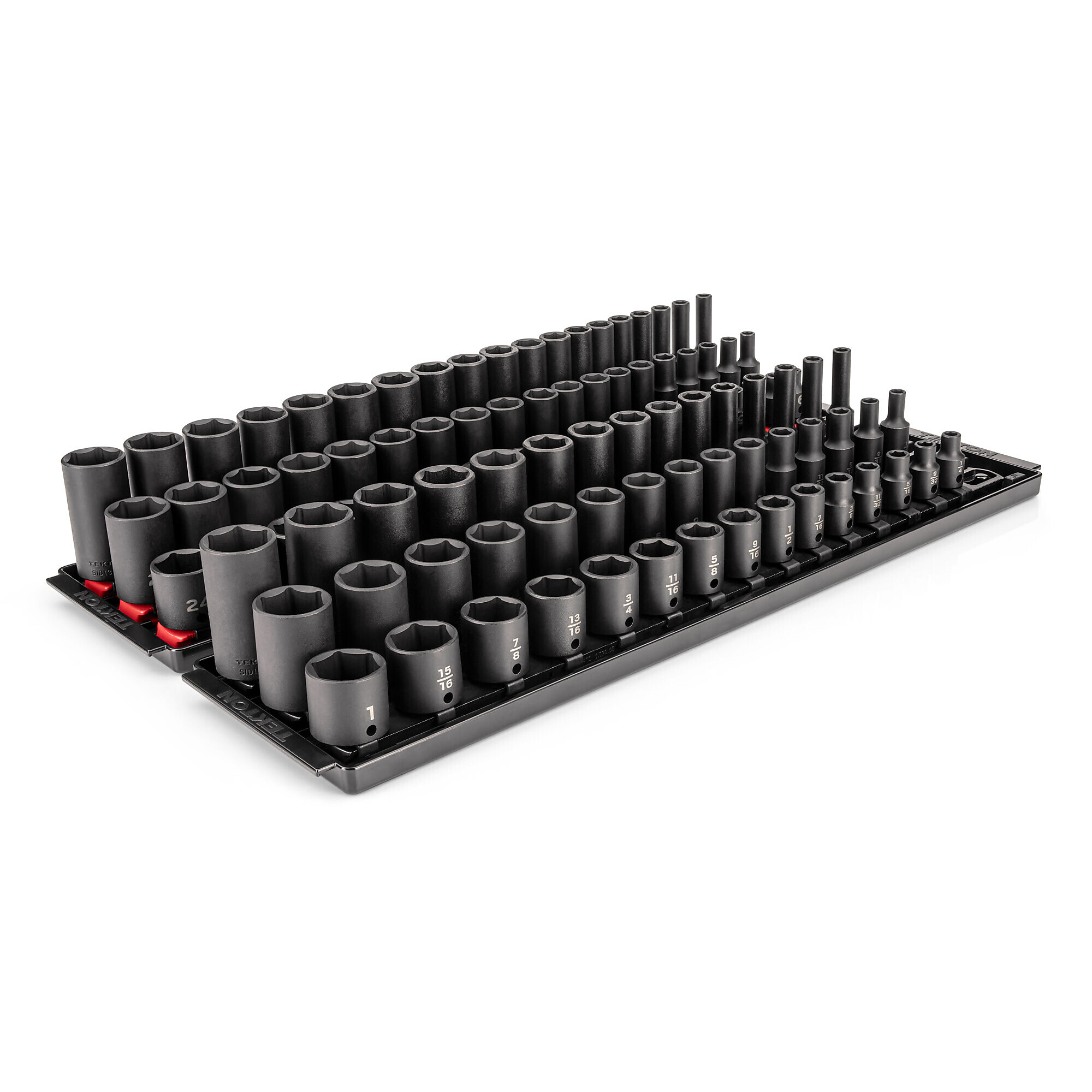 TEKTON 3/8 Inch Drive Shallow, Semi-Deep, and Deep 6-Point Impact Socket Set with Rails and Trays, 102-Piece (1/4 - 1 in., 6 - 24 mm) | SID91220
